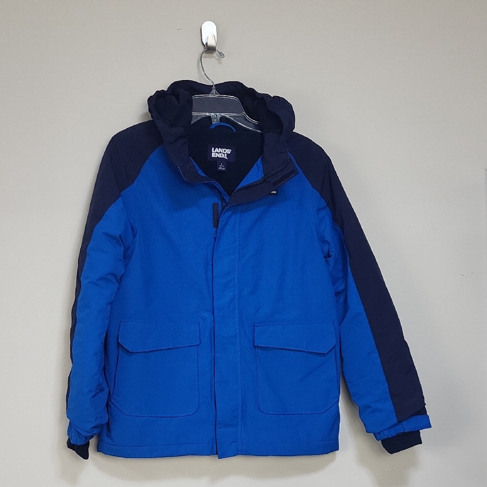 LANDS' END Boy's Blue Thermacheck 200 Fleece Lined Grow-A-Longs Hooded Jacket
